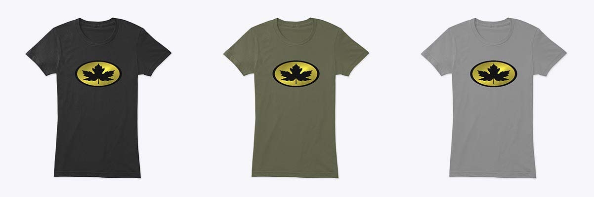 Canada Clothing Online: 'Leaf Woman' Women's Canada T Shirt Black and Gold Logo